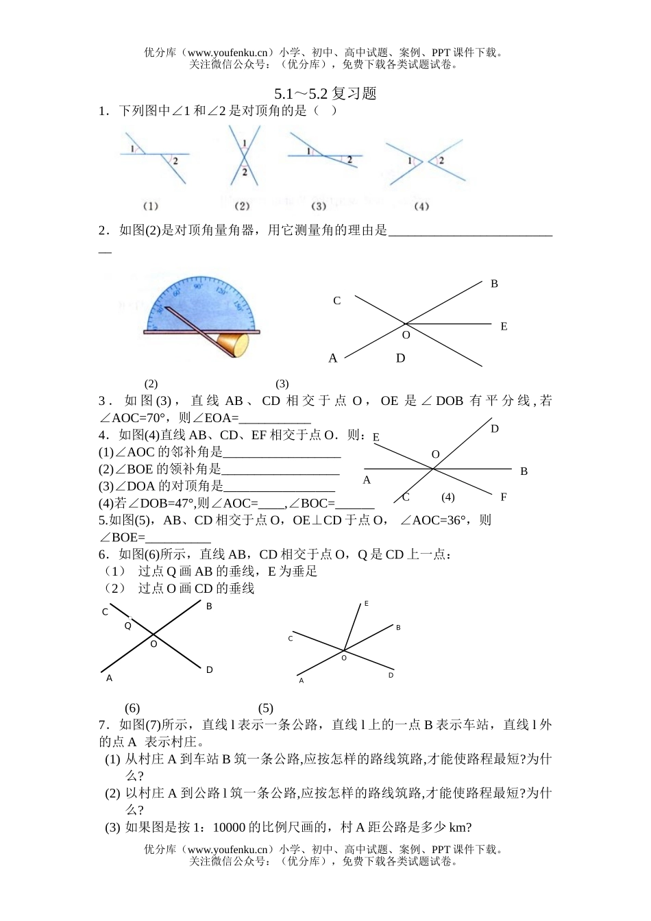 初中七年级数学相交线和平行线[下学期](无答案)试卷_第1页