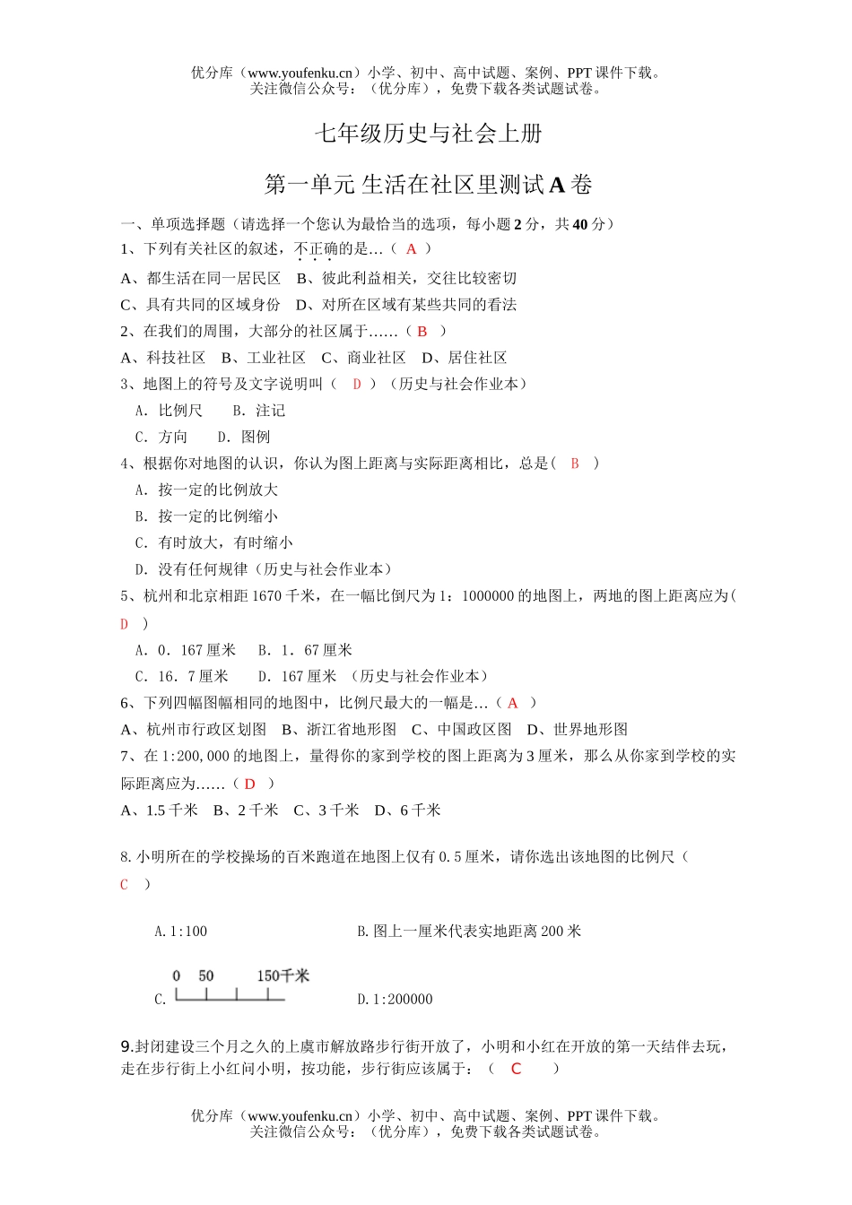 初中七年级历史生活在社区里测试1试卷_第1页