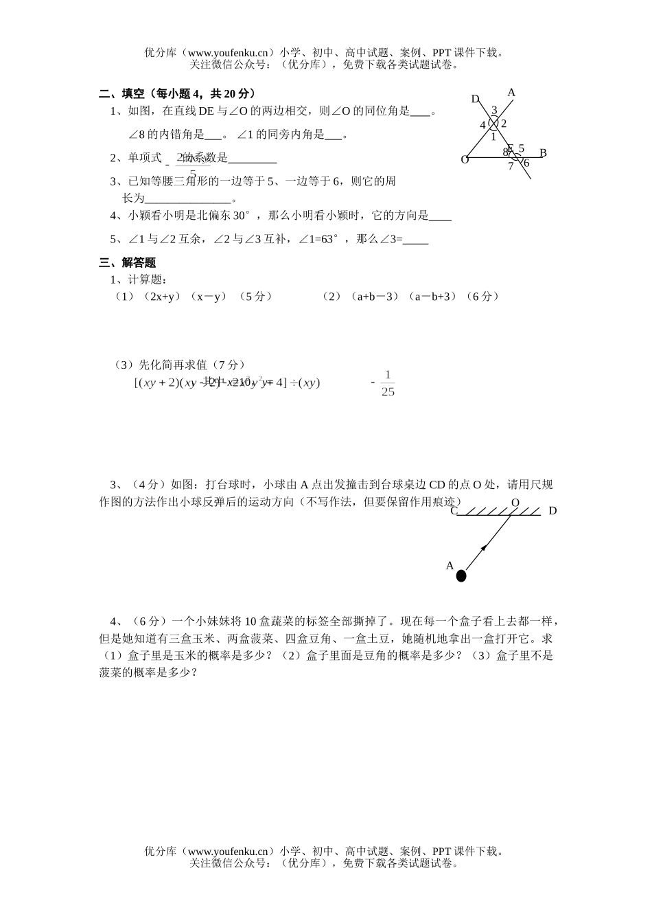 初中七年级数学下期末考试卷_第2页