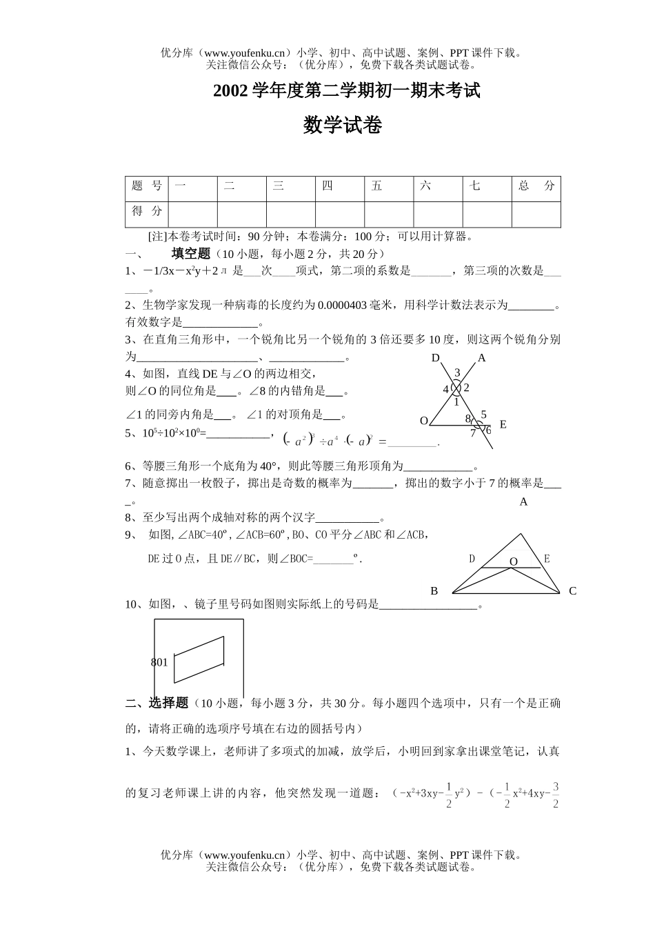 初中七年级数学下期末考试卷_第1页