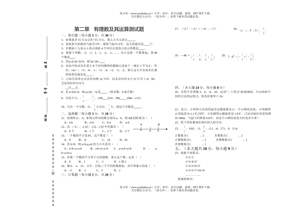 初中七年级数学有理数的运算(月考)试卷_第1页