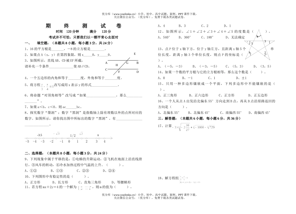 初中七年级数学期终测试卷_第1页