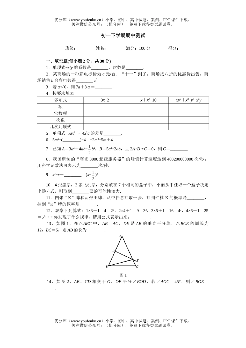 初中七年级数学下学期期中试卷_第1页