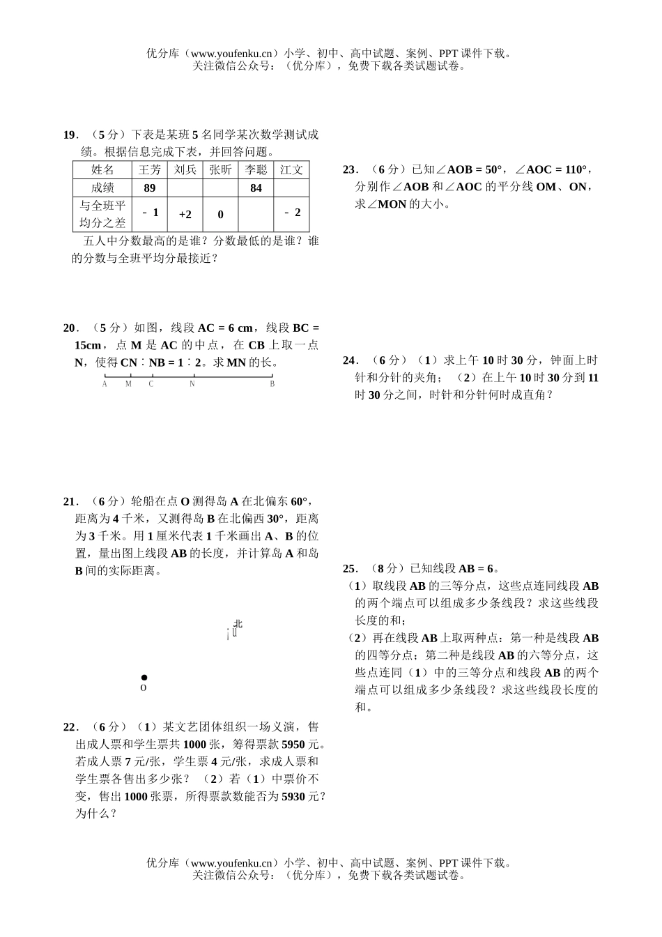 初中七年级数学(上)期末考及答案试卷_第2页