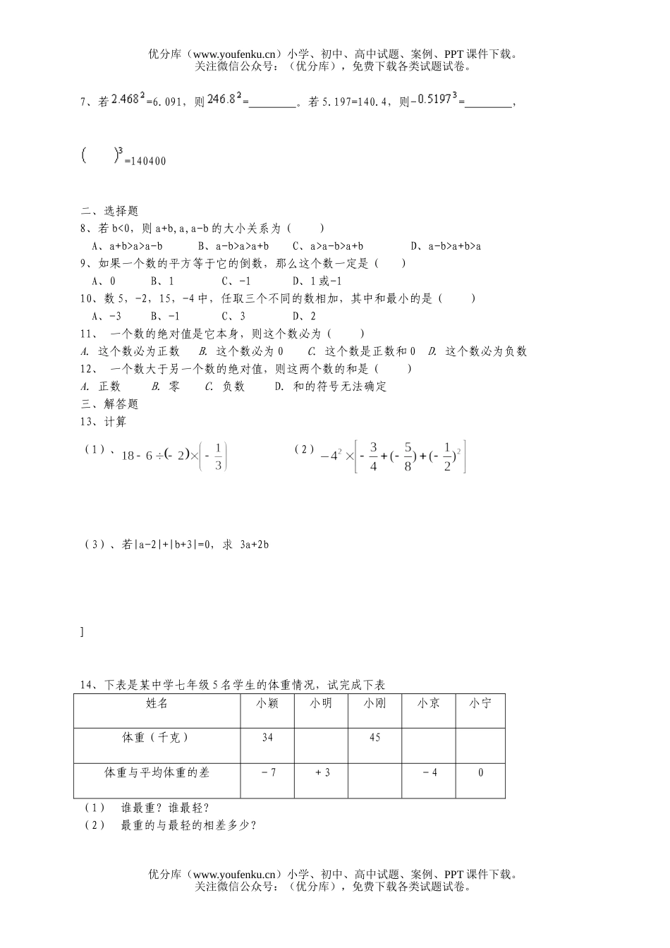 初中七年级数学有理数试卷_第3页