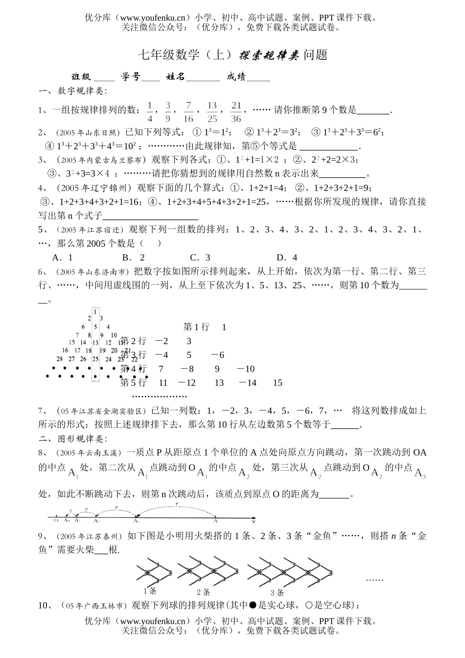 初中七年级数学(上)探索规律类 问题试卷_第1页