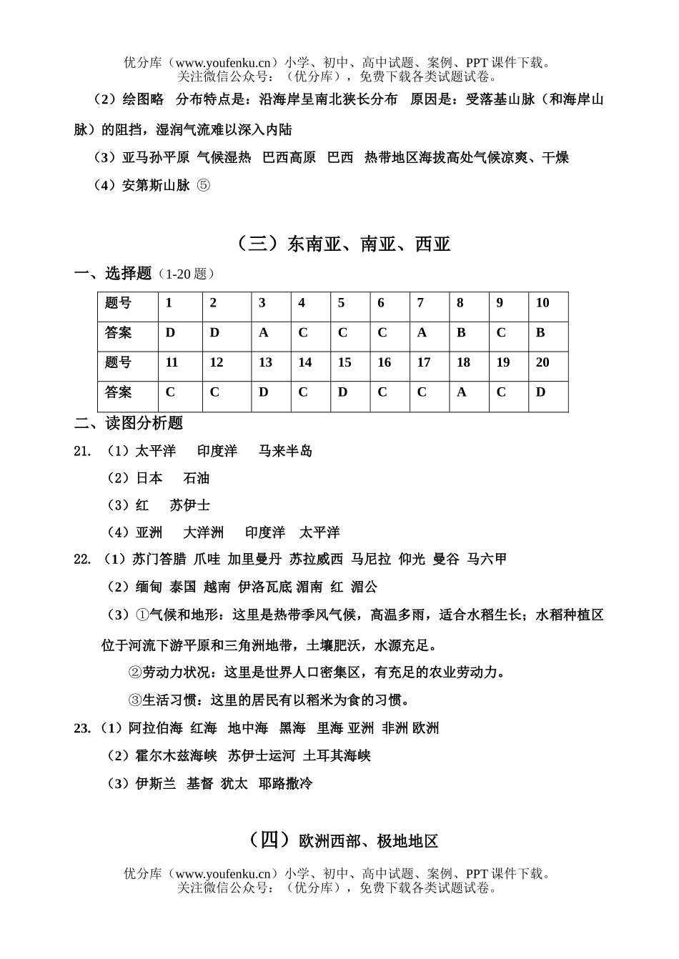 初中七年级地理下册单元形成性检测题(一)试卷_第3页