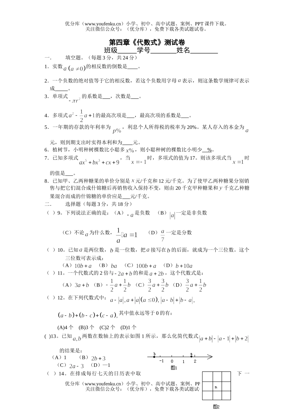 初中七年级数学代数式测试卷_第1页