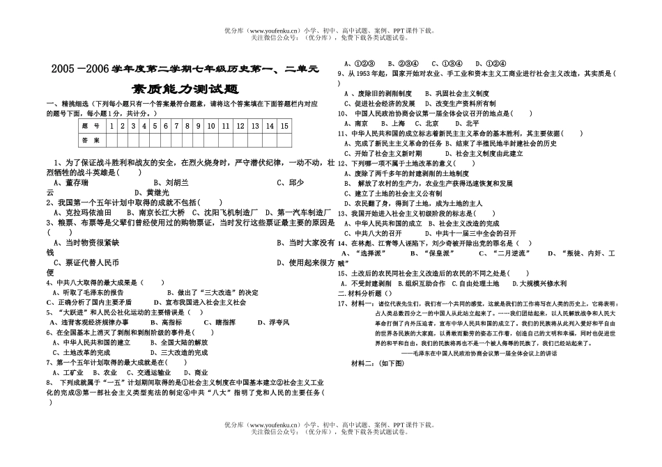 初中七年级历史下学期第一、二单元试卷_第1页