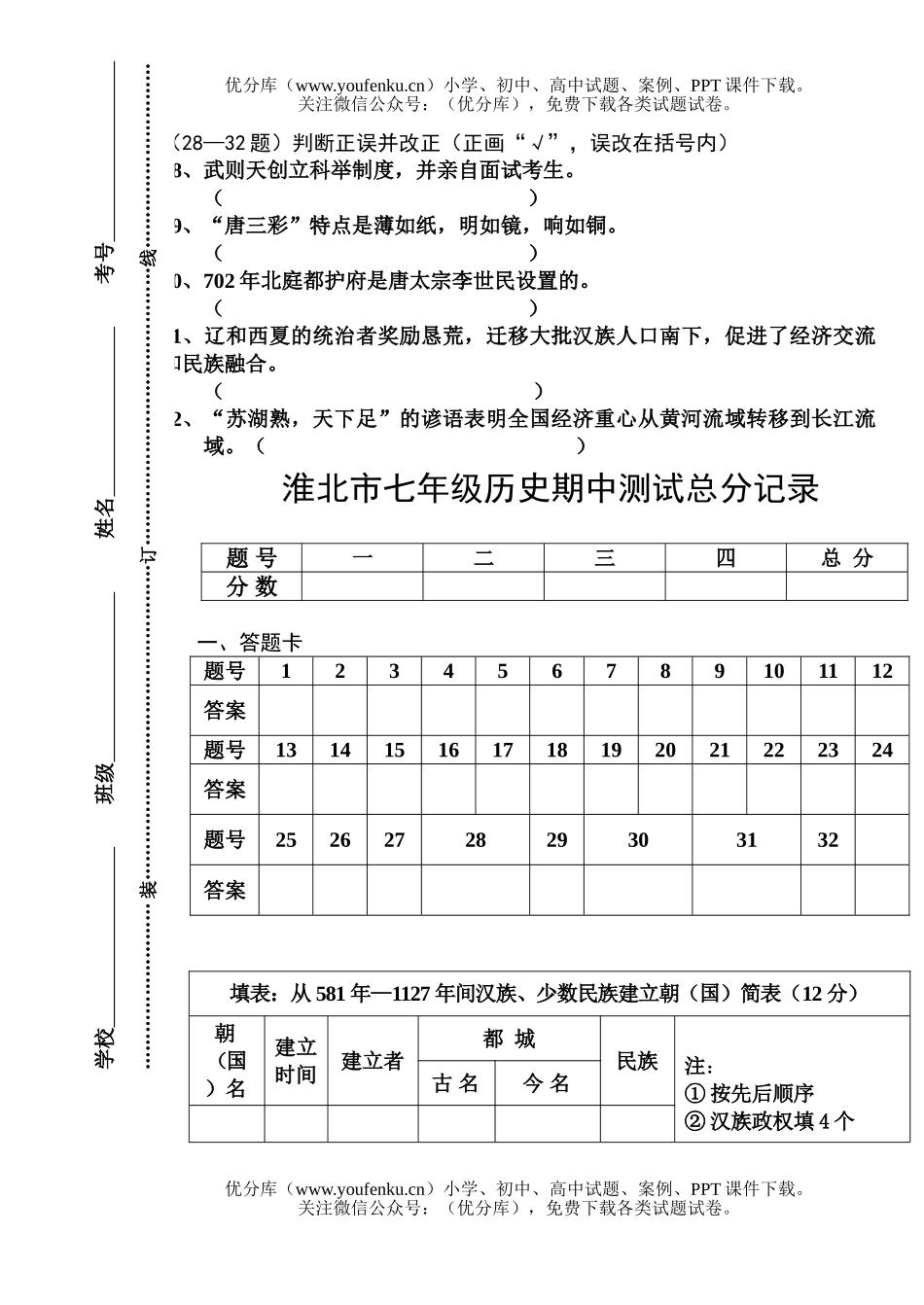 初中七年级历史下学期期中测试卷_第3页