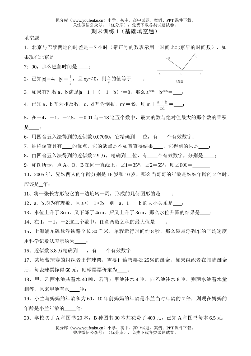 初中七年级数学人教版上册期末复习专项训练-填空题试卷_第1页