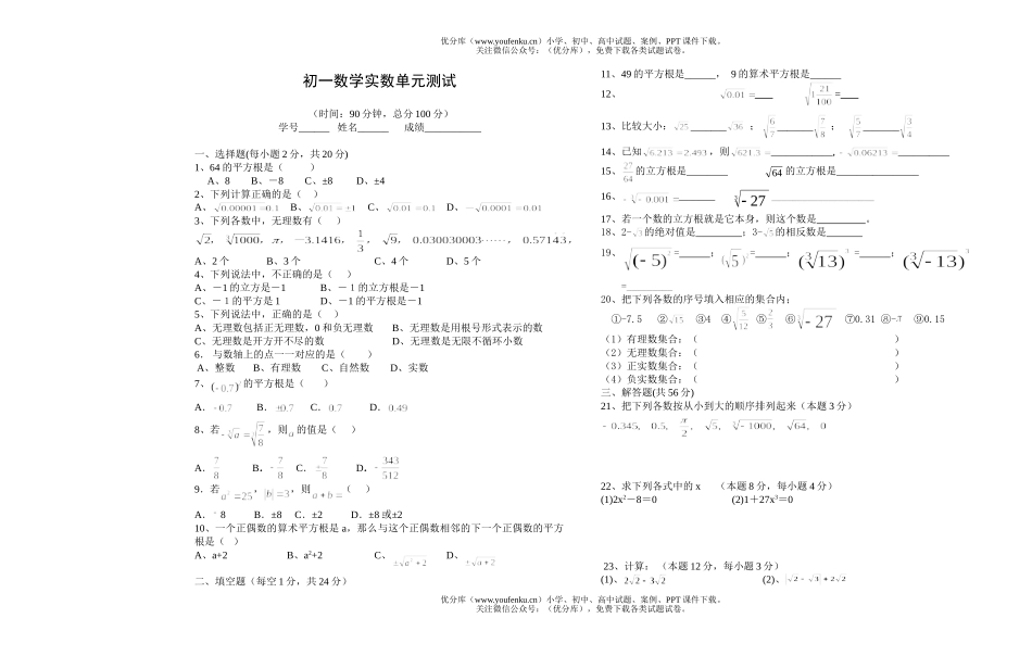 初中七年级数学实数单元测试卷_第1页