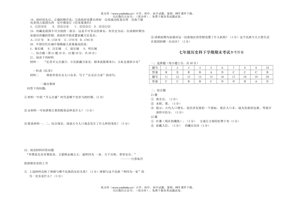 初中七年级历史科下学期期末考试卷_第1页