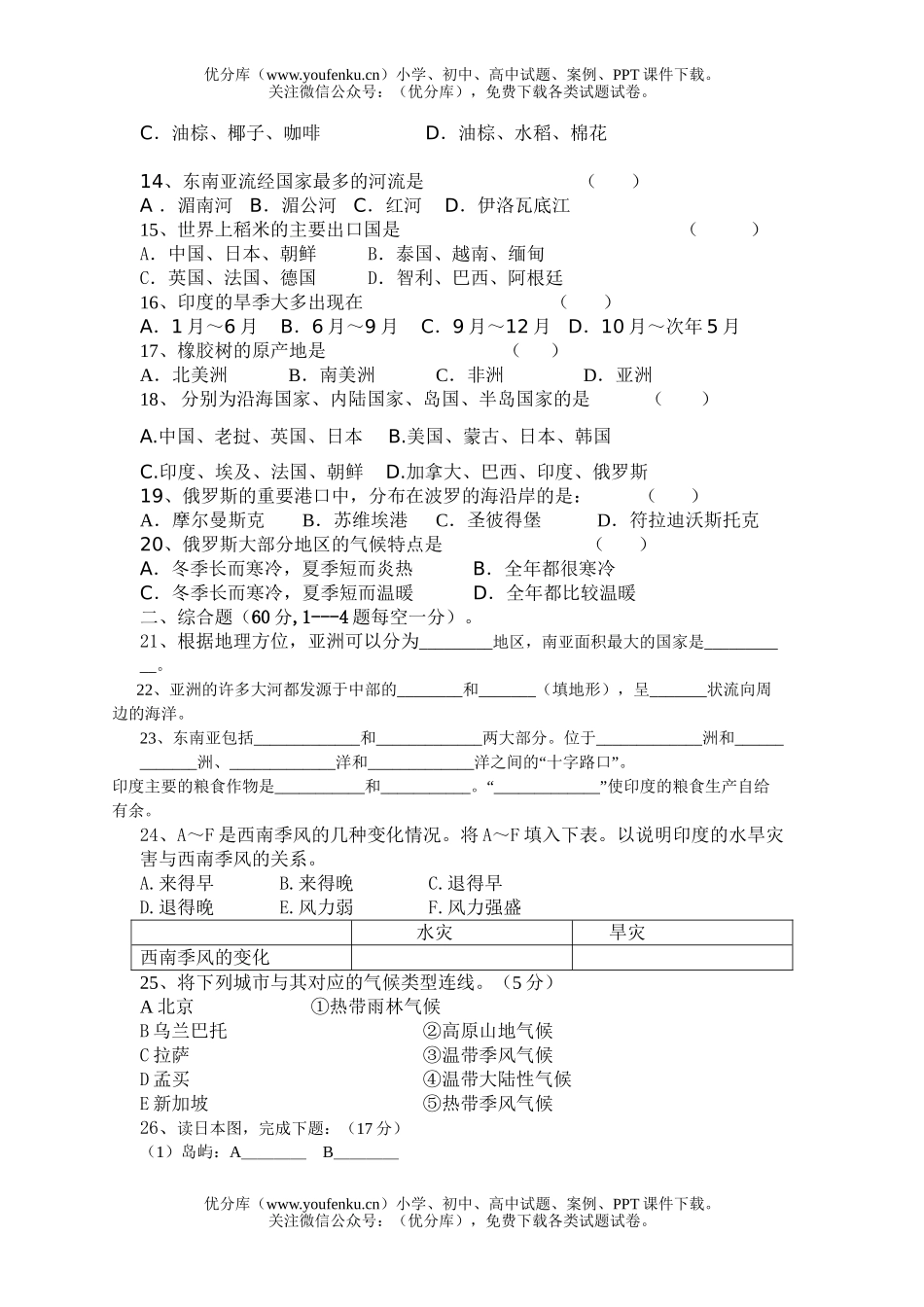 初中七年级地理下册期中试卷_第2页
