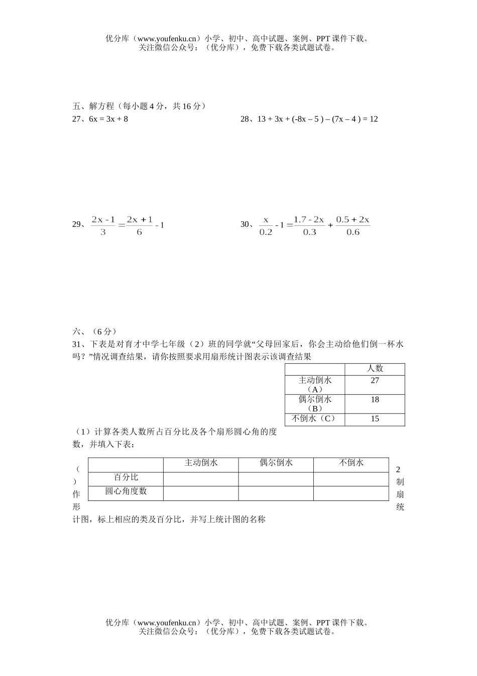 初中七年级数学第一学期期末考试卷_第3页