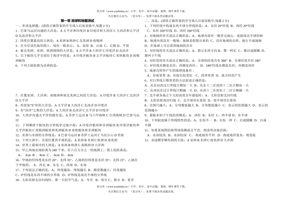 初中七年级地理地球和地图试卷_第1页