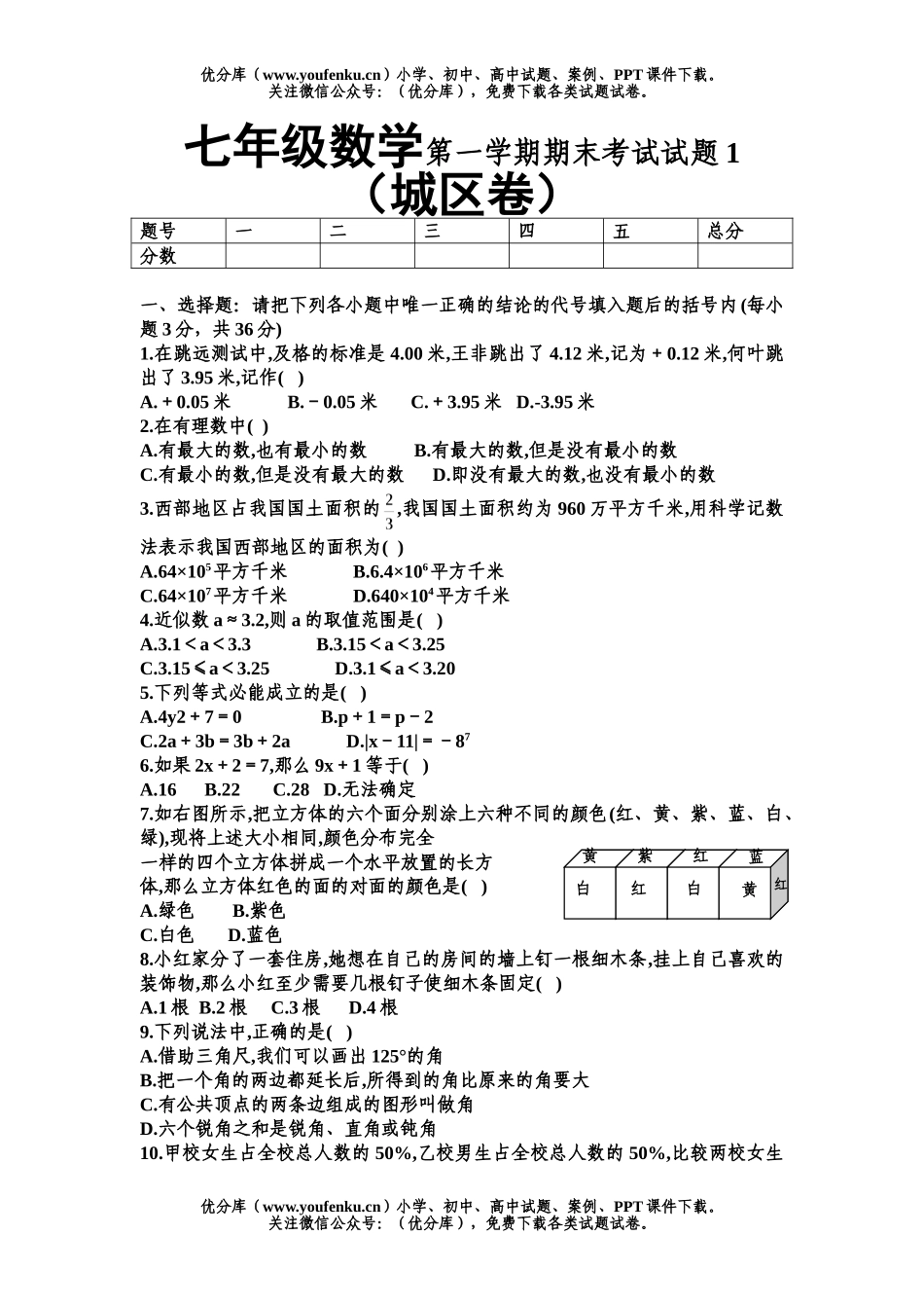 初中七年级数学第一学期期末考试1试卷_第1页