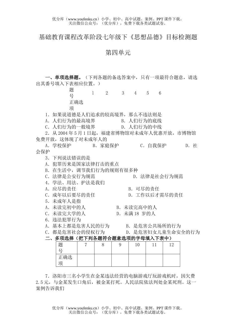 初中七年级政治思想下学期第四单元测试卷_第1页