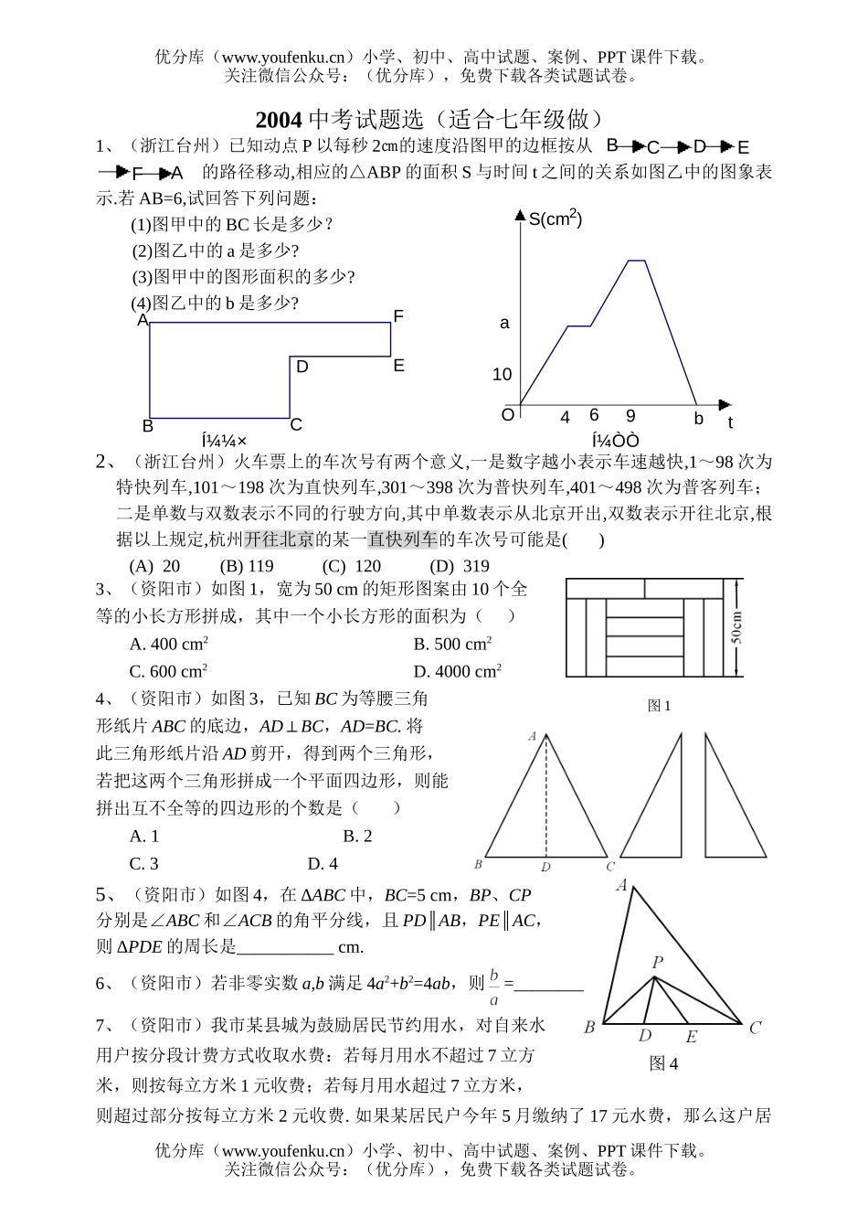 初中七年级数学适合做的2004中考集萃1试卷_第1页