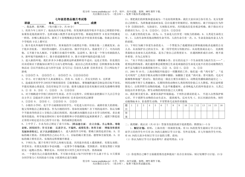 初中七年级政治上学期思想品德月考[试卷_第1页
