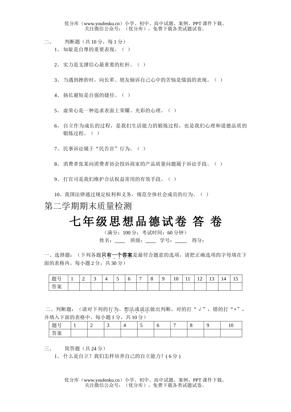 初中七年级政治思想品德第二学期期末质量检测2试卷_第2页