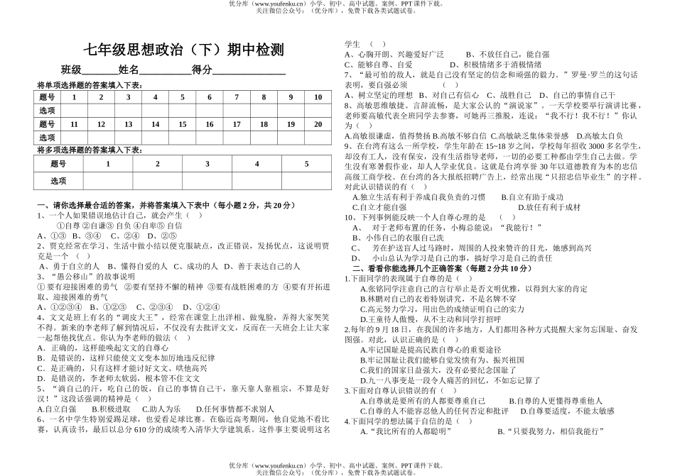 初中七年级政治思想(下)期中检测试卷_第1页