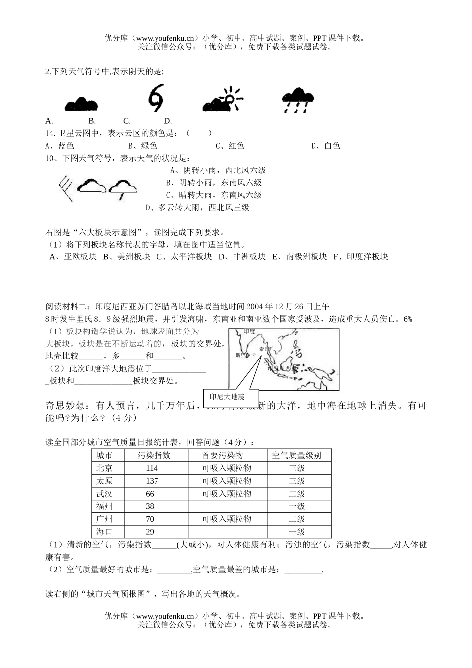 初中七年级地理大洲与大洋及多变的天气试卷_第2页