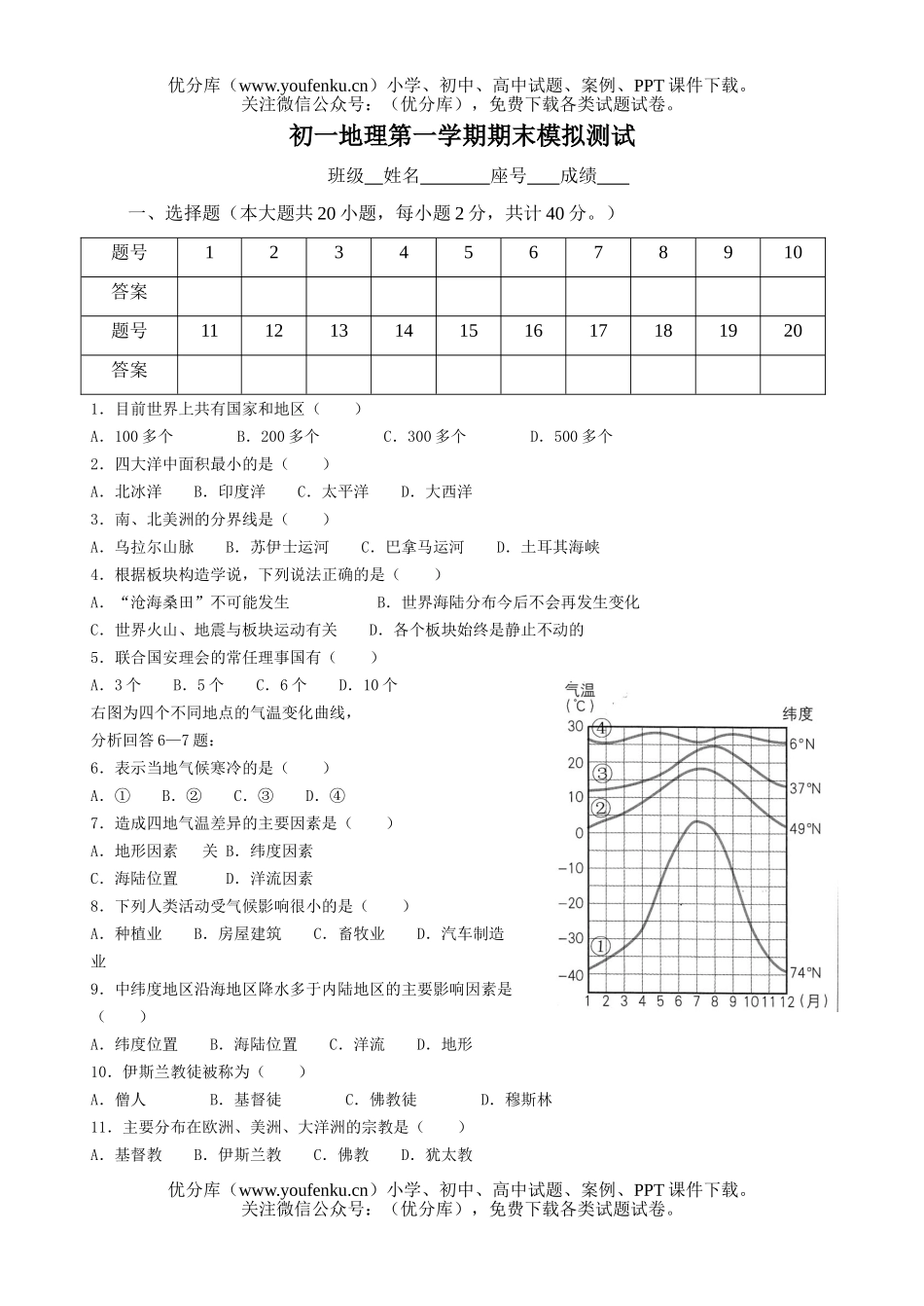 初中七年级地理第一学期期末模拟测试卷_第1页