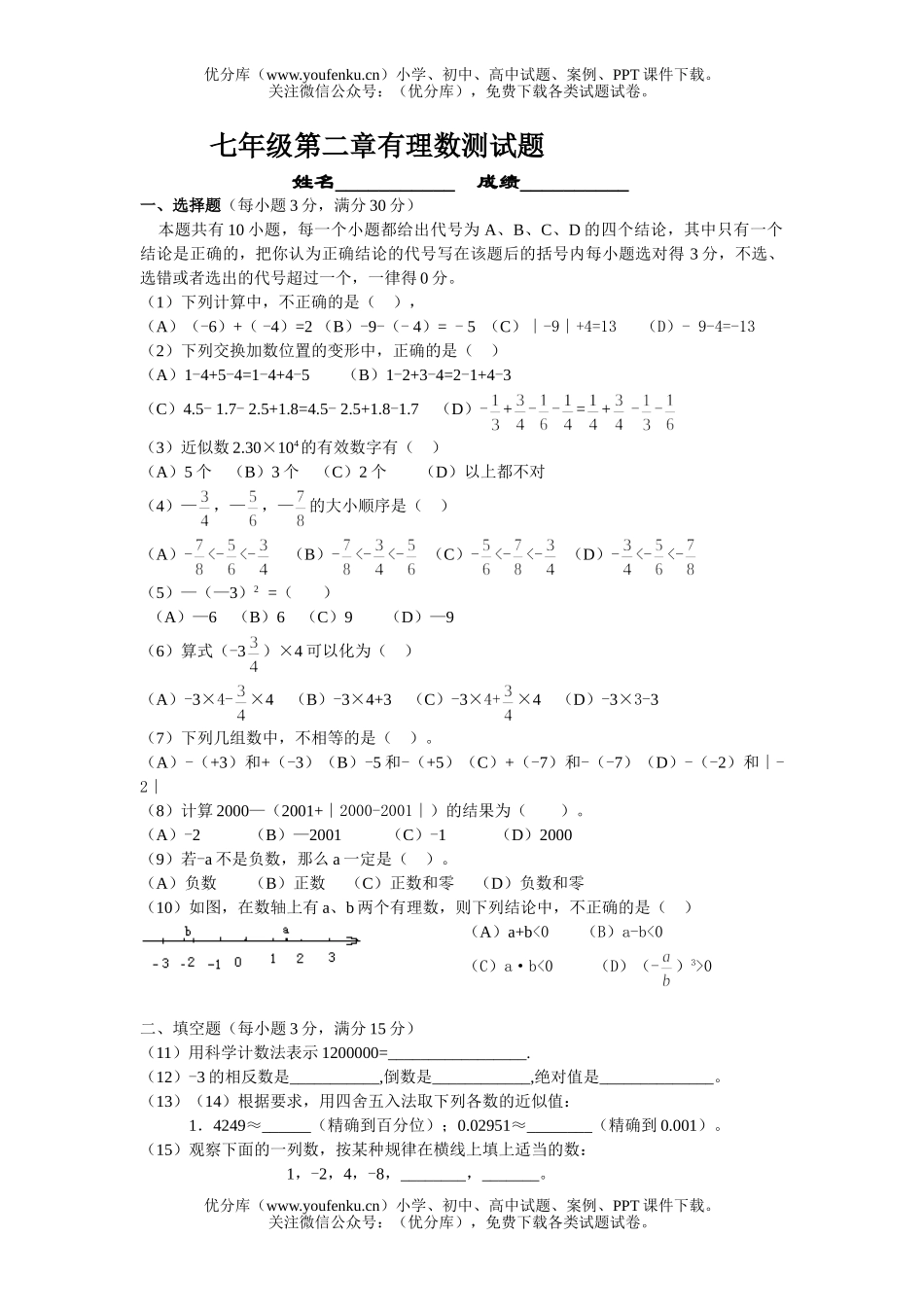 初中七年级数学第二章有理数测试卷_第1页