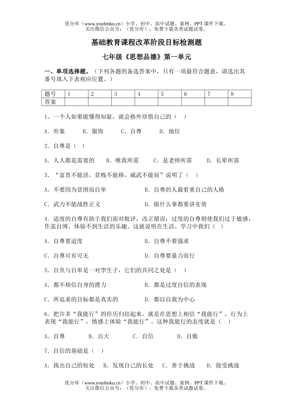 初中七年级政治下学期第一单元测试卷_第1页
