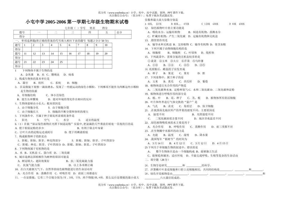 初中七年级生物第一学期期末试卷_第1页