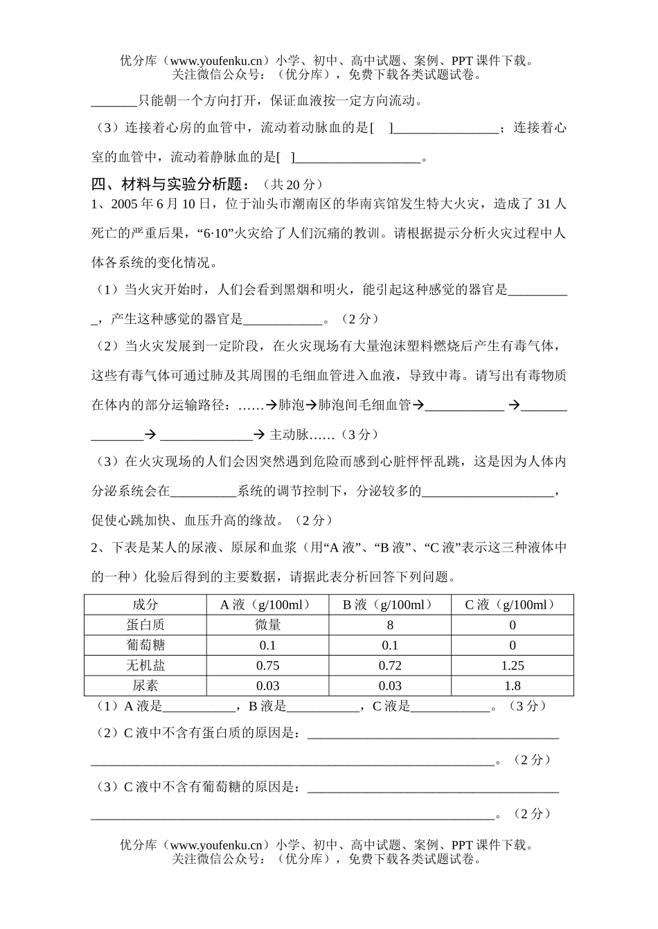 初中七年级生物第二学期期末考试卷_第3页