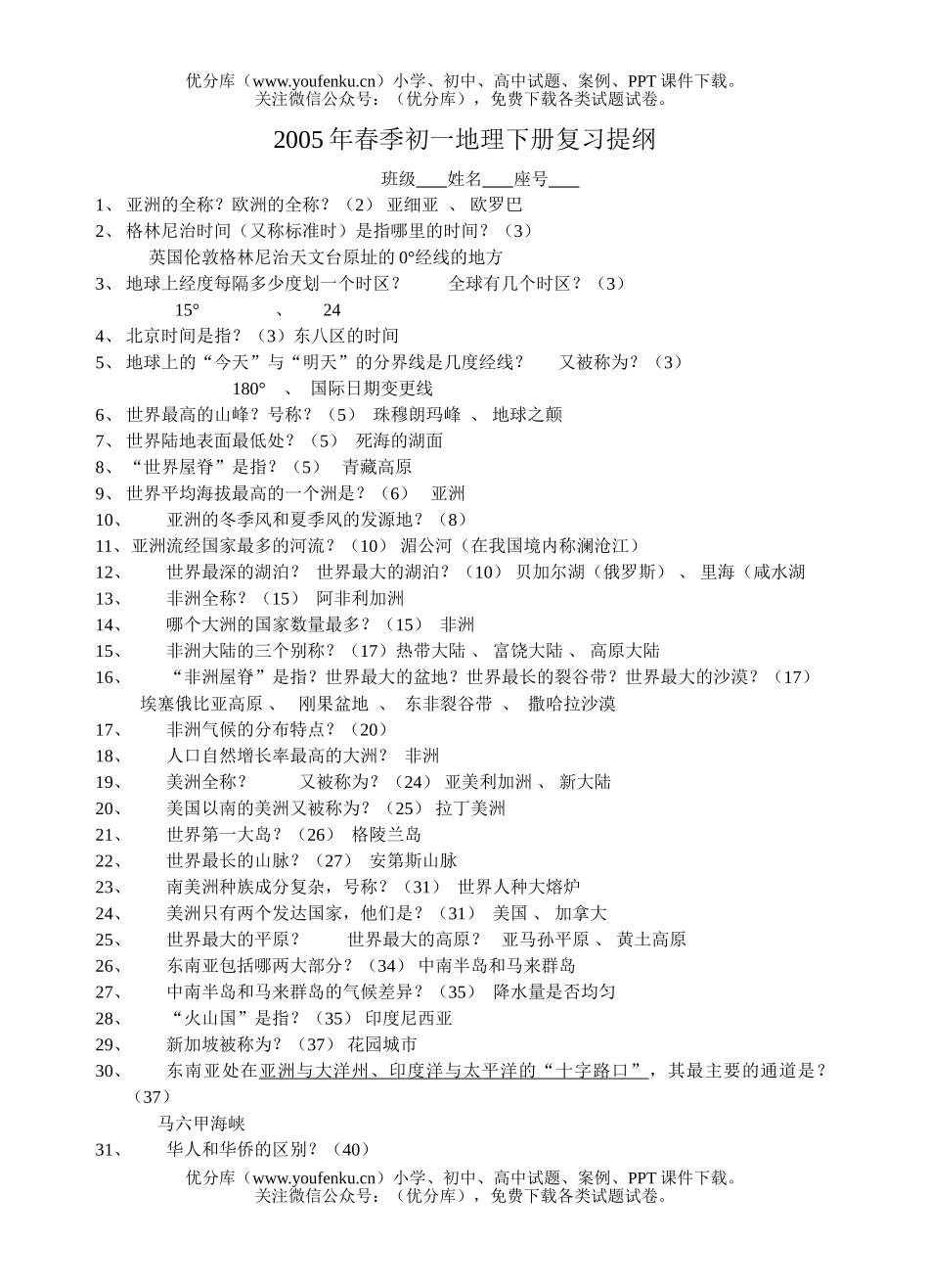 初中七年级地理下册复习提纲试卷_第1页
