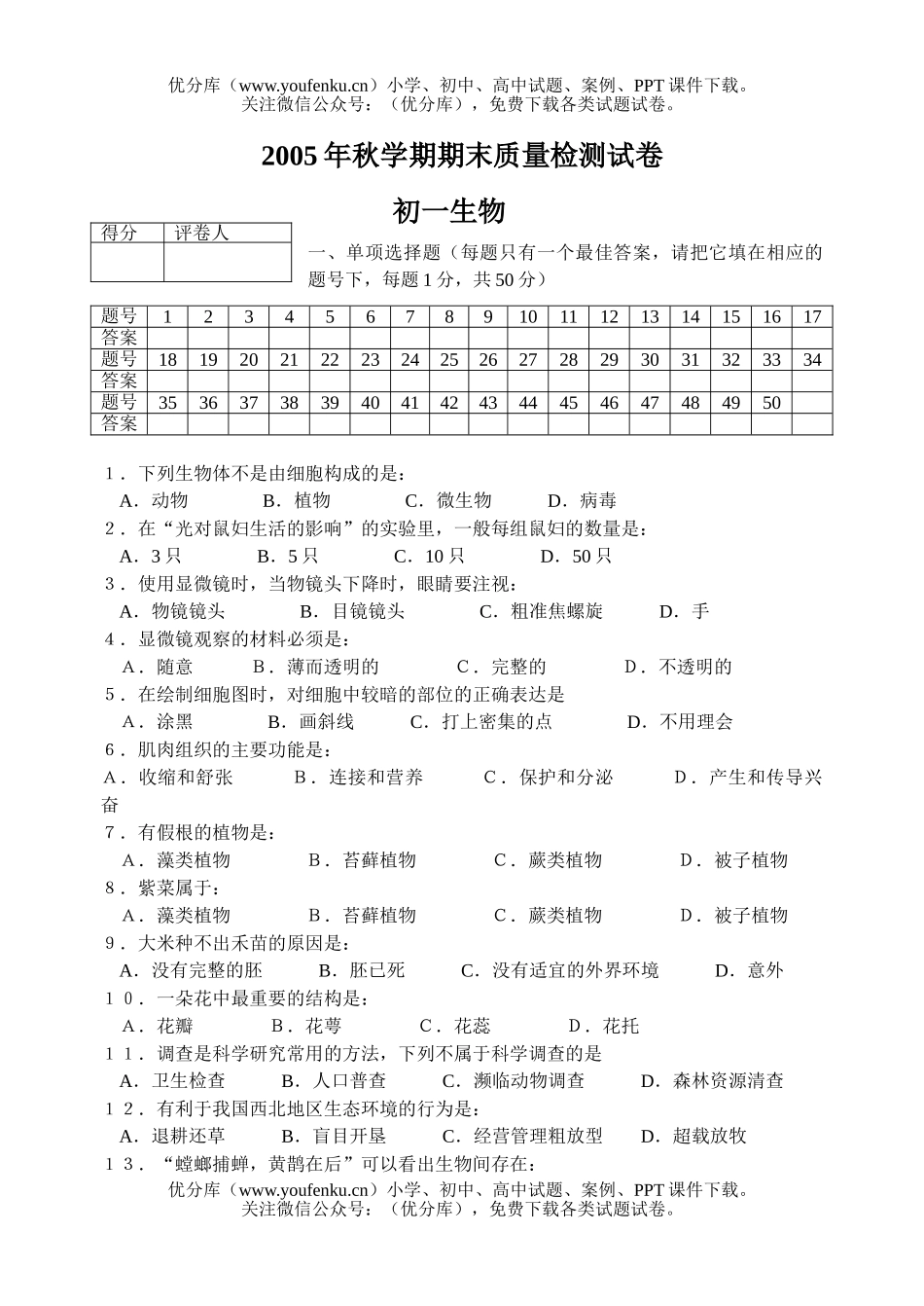 初中七年级生物下学期期末质量检测试卷_第1页