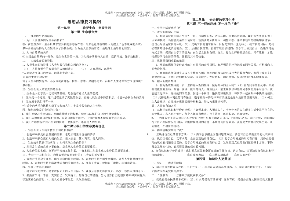 初中七年级政治上册复习提纲1试卷_第1页
