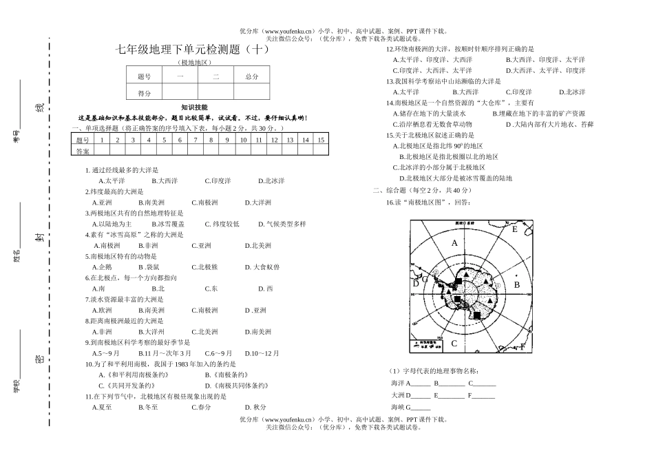 初中七年级地理下单元检测题试卷_第1页