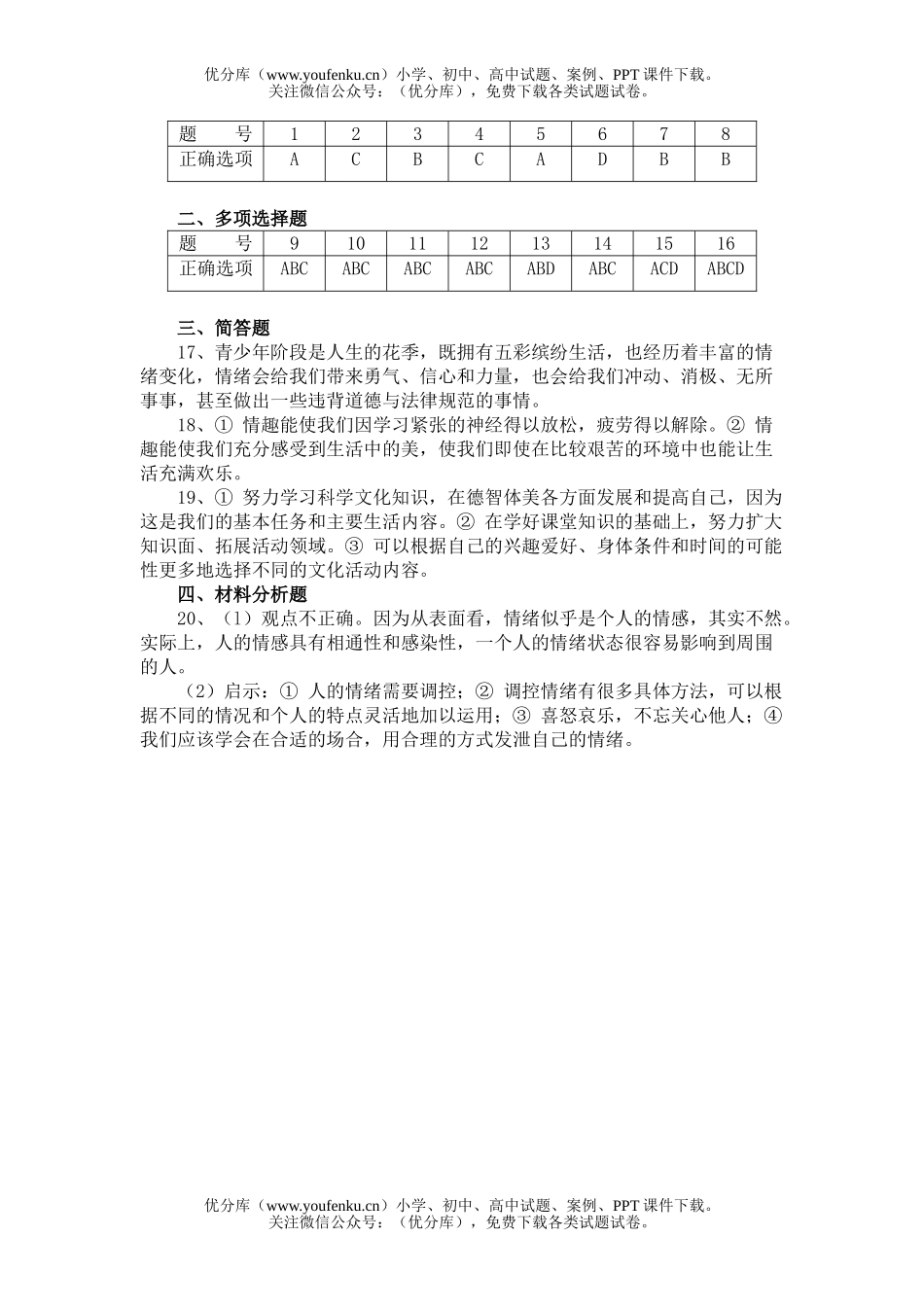 初中七年级政治第一学期第三单元检测题试卷_第2页