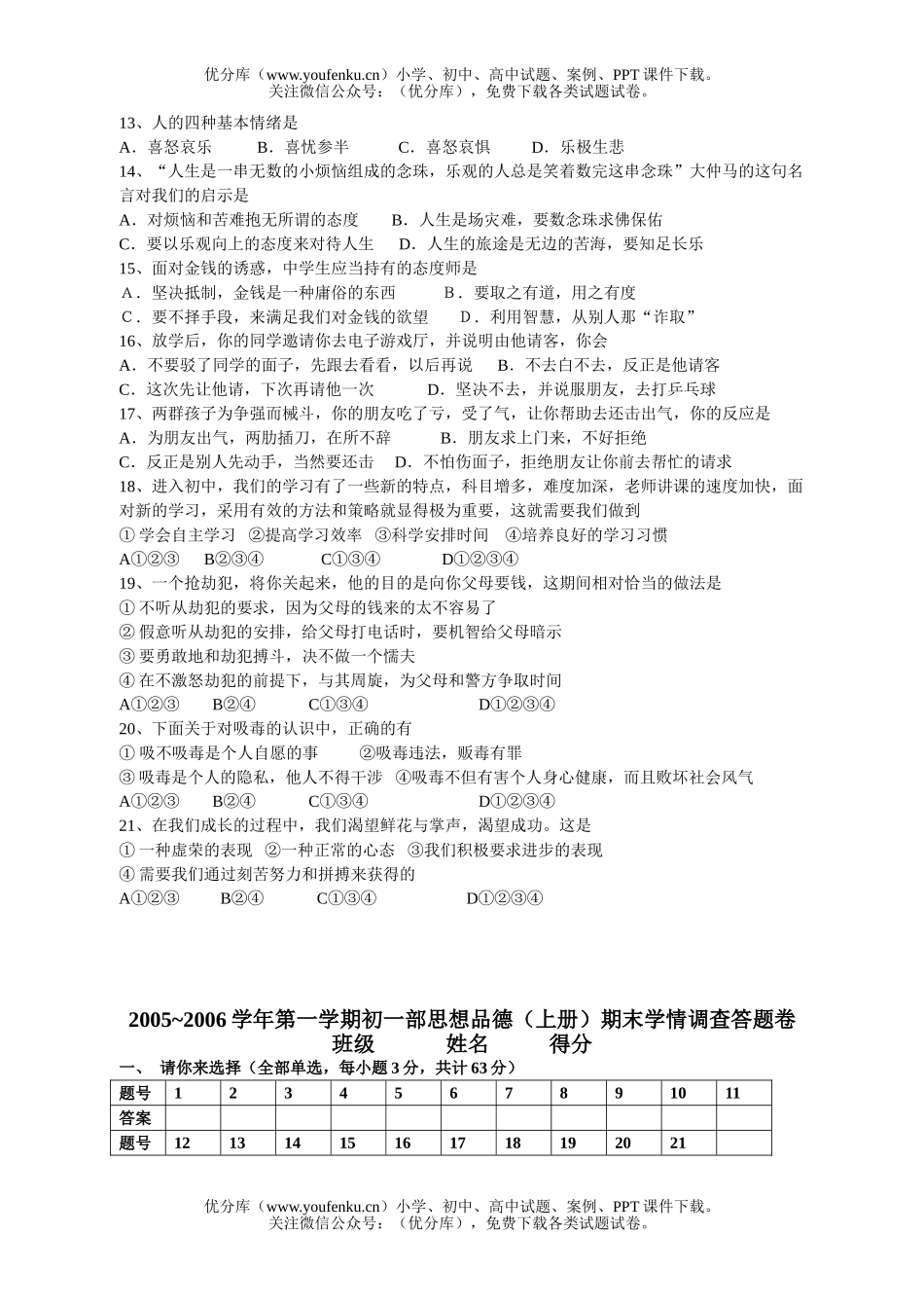 初中七年级政治上学期期终试卷_第2页