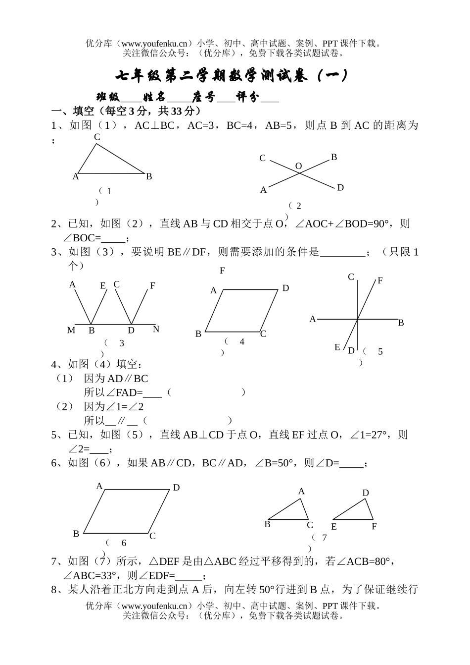 初中七年级数学第二学期测(一)试卷_第1页