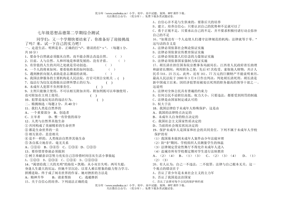 初中七年级政治第二学期综合测试卷_第1页