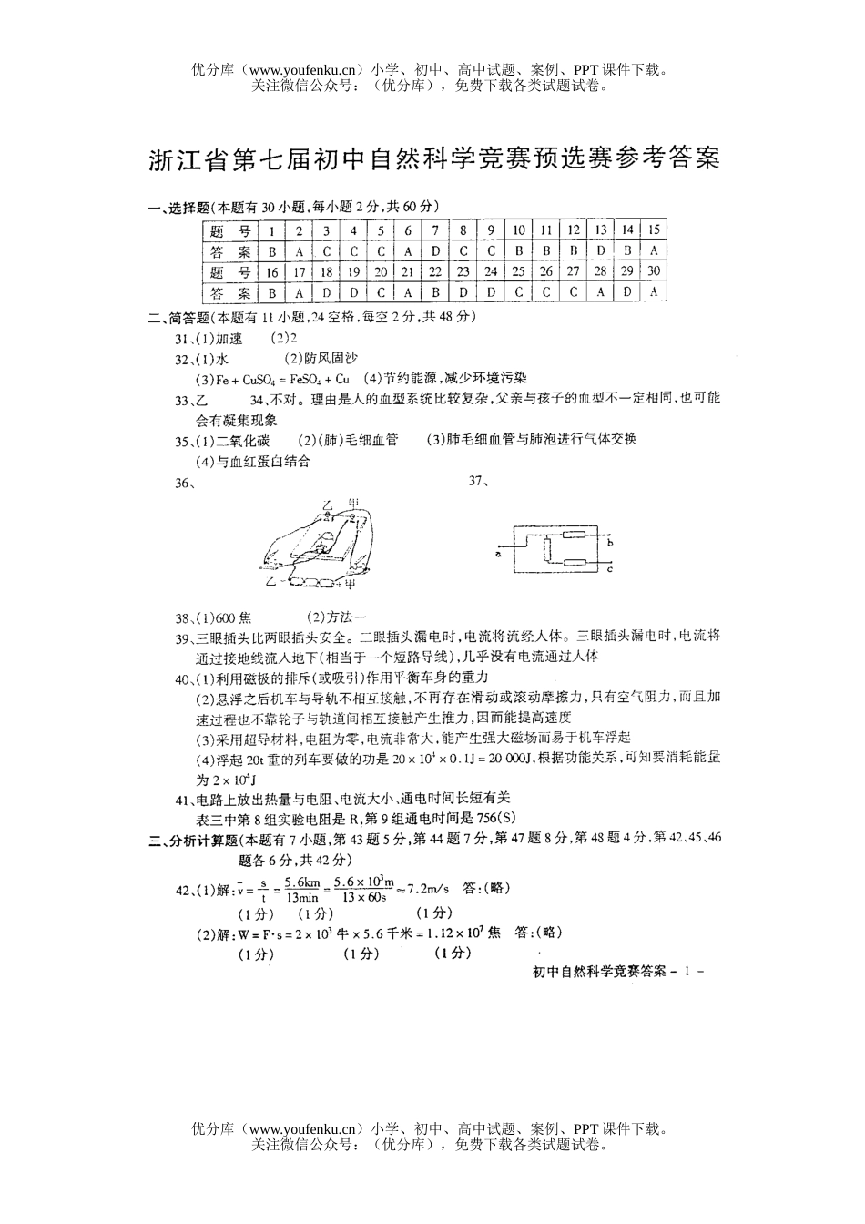 初中七年级科学浙江第七届自然竞赛预赛答案(温州)试卷_第1页