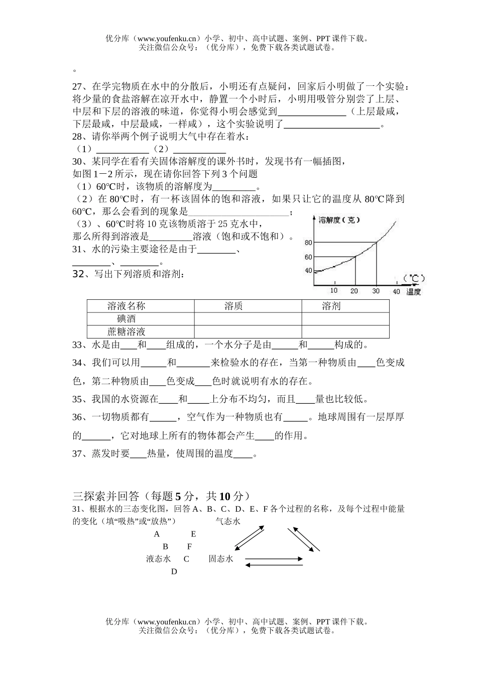 初中七年级科学(下)第一章 水 单元测试卷_第3页