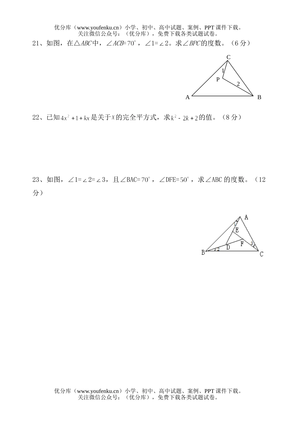 初中七年级数学第二学期期中考试2试卷_第2页