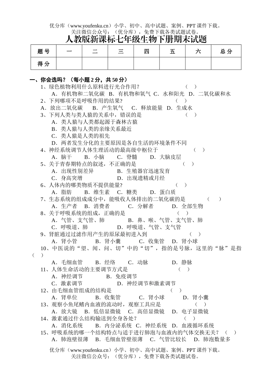 初中七年级生物下册期末试卷_第1页