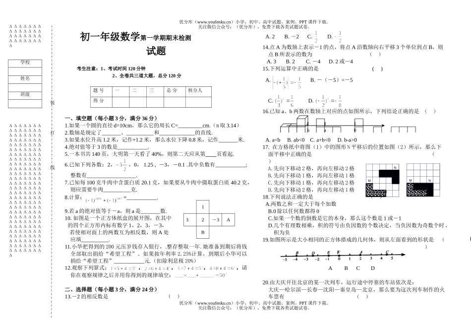 初中七年级数学初第一学期期末检测试卷_第1页