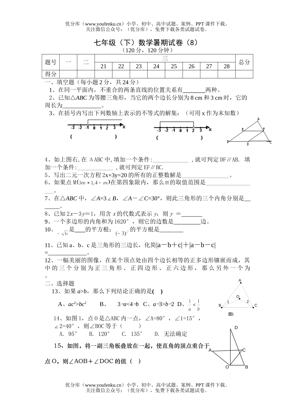 初中七年级数学(下)暑期(8)试卷_第1页