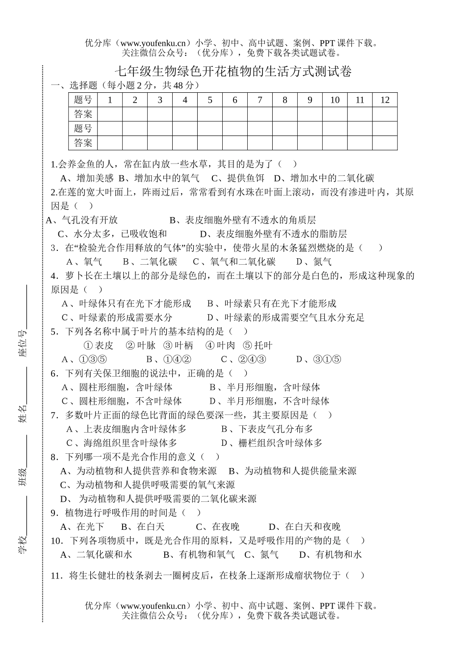 初中七年级生物绿色开花植物的生活方式测试卷_第1页