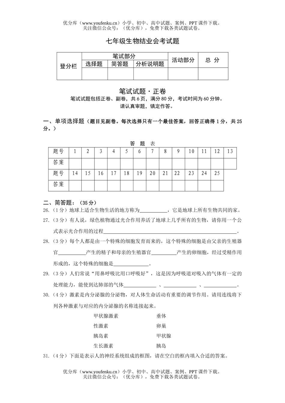 初中七年级生物结业会考试卷_第1页
