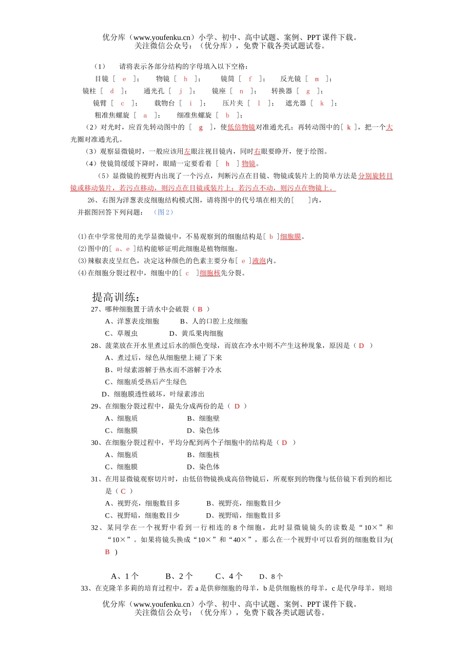 初中七年级生物细胞的生活练习题试卷_第3页