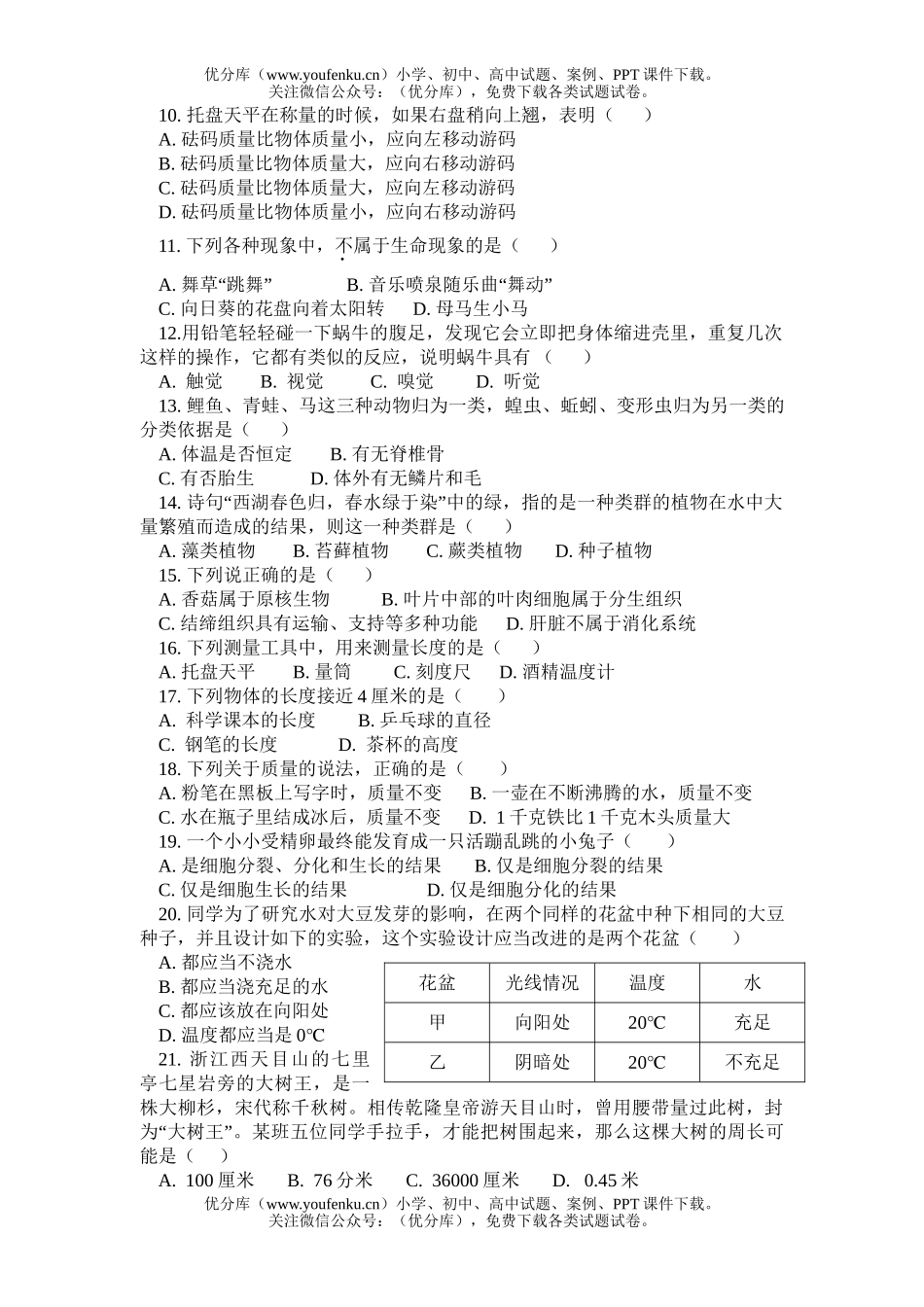 初中七年级科学学科第一学期抽测试卷_第2页